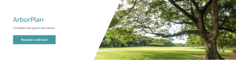 ArborPlan marketing banner with company logo, tagline, and a photo of trees.