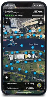 CMyTrees tree map: located trees with counts across a riverside demo site